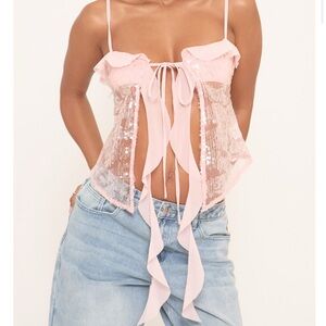NWT EGO Pink Sequin Sheer Tie-Front Top